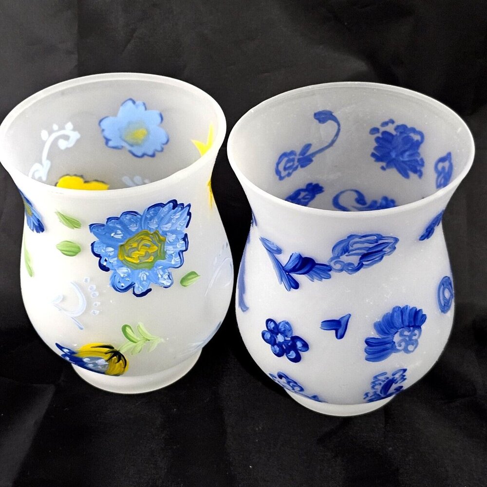 2 Hallmark Handpainted Hurricane Candle Holders 5" includes votives blue yellow - Picture 2 of 7